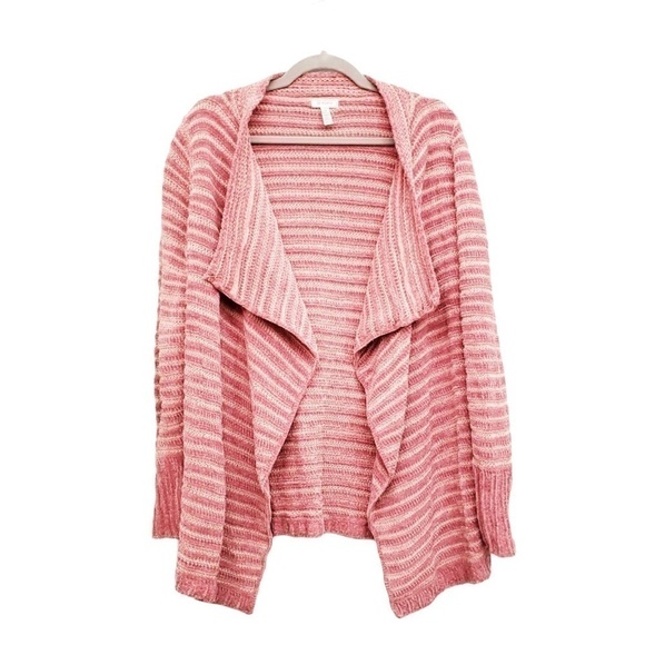 Susina Petite Medium Pink White Stripe Open Knit Shawl Collar Cardigan Sweater - Picture 2 of 5